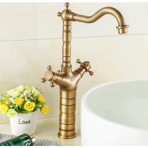 Antique Brass Tall Bathroom Faucet Swivel Spout Basin Mixer Faucets Double Handes Vanity Sink Mixer Tap