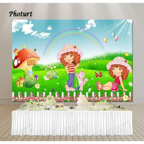 PHOTURT Strawberry Shortcake Backdrop Girls Birthday Party Photography Banner Mushroom Rainbow Photo Background Decoration Props