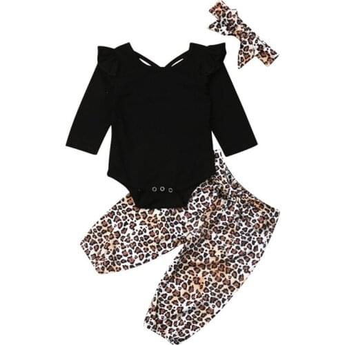 Black Ruffles Long Sleeve Romper Leopard Pants Legging Headband Toddler Kids Baby Girl Outfit Clothes 3PCS Set