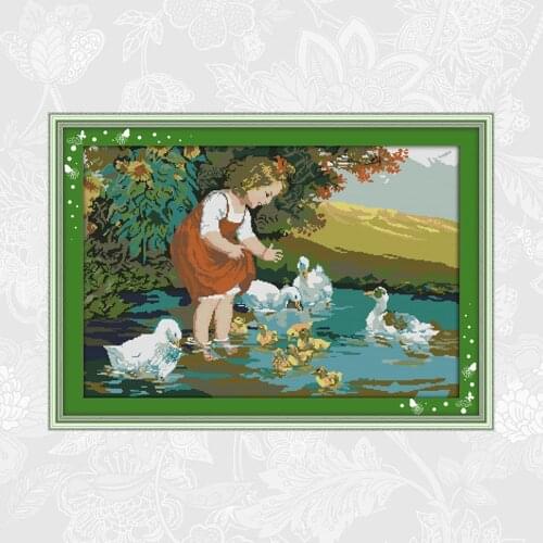 The little girl and ducks in pool Print Canvas Cross Stitch kits 14CT 11CT Embroidery Sets Needlework Handmade Home Decoration