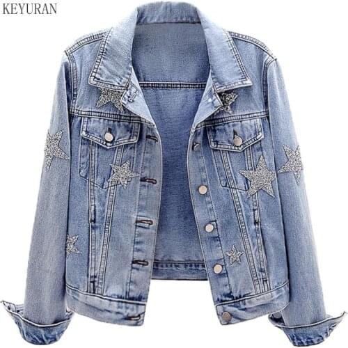 2020 Autumn New Fashion Hot Drilling Stars Denim Jacket Women Slim Long-Sleeved Short Jeans Coat