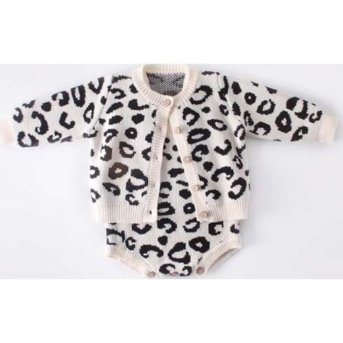 Autumn Baby Girls Clothes Leopard Fashion Baby Knit Bodysuit Set Newborn Baby Knit Cardigan Infant Sweater Coat Baby Jumpsuit
