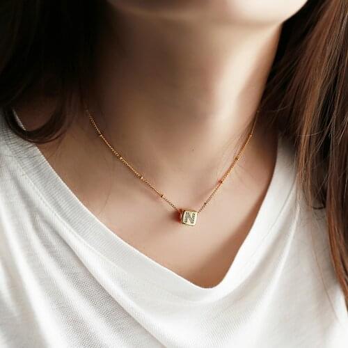 Gold Color Dice Cube CZ Charm Choker Necklace for Women Girls Lovely Initial A-Z Letter Name Satellite Chain Length Gift DN205AA