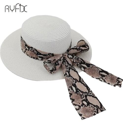 Panama Hat Women Straw Fedora Male Sunhat Summer Beach Sun Visor Cap Chapeau Snake print scarf Jazz Trilby Cap HA202