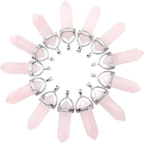 PandaHall 20pc 40~42x8x8mm Semi-precious RoseQuartz Stone Jewellery Necklace DIY Pendants Findings with Alloy Metal Findings