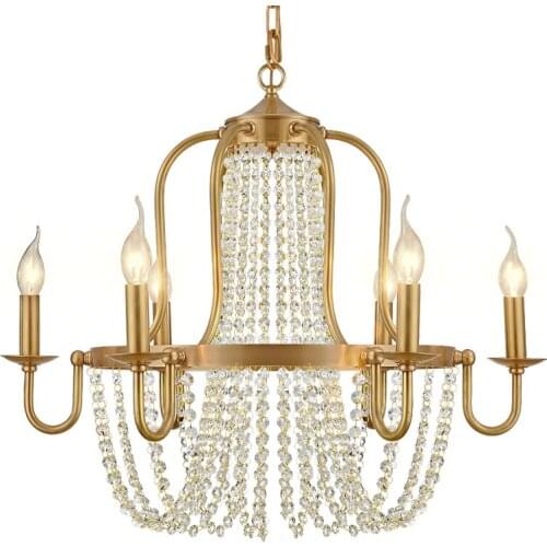 Full copper luxury hotel bronze brass chandelier crystal beads 6 lights villa decorative chandelier brass hanging light fixture