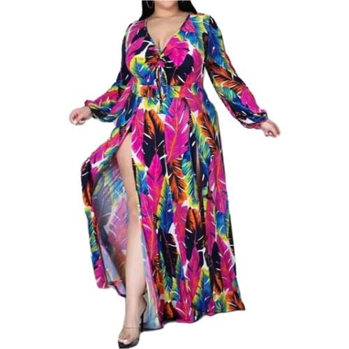 Plus Size Dress 2021 Women Wholesale Holiday Beach Sexy Print Ditsy Floral Dress with Belt Full Length Maxi Dresses Dropshpping