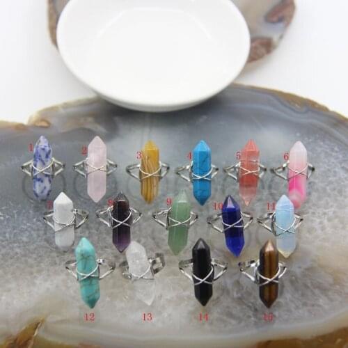 Hexagon Pointed Quartz Adjustable Ring,Natural Stone Healing Crystal Stick Anniversary Party Finger Rings Jewelry Gift For Women