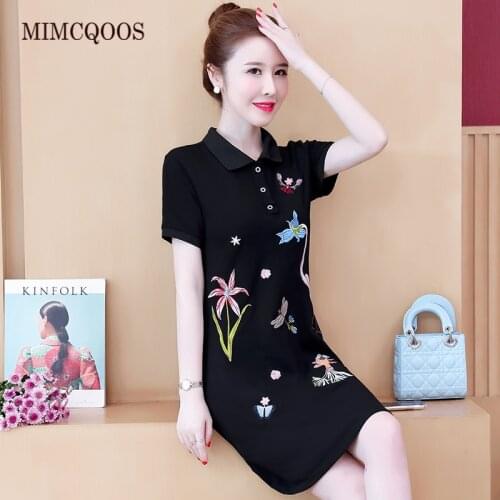 Polo Collar Shirt Women Dresses Elegant Plus Size 2020 Summer New Flower Bird Fish Insect Animal Embroidery Loose Casual Dress