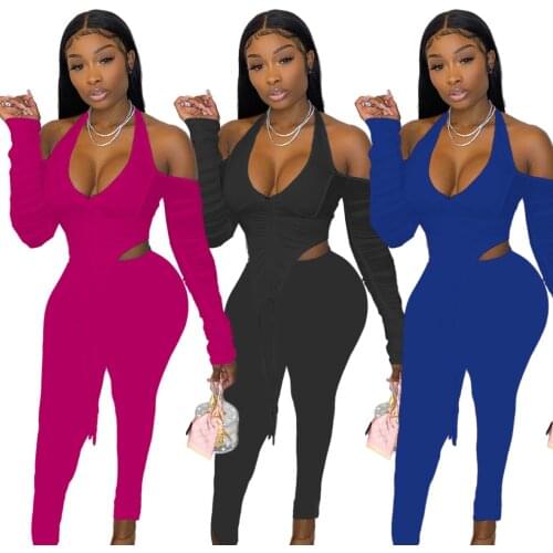 Sexy Halter Backless Zipper V Neck Solid Two Piece Set Women Stacked Long Sleeve Irregular Top + Pants Slim Tracksuit Women