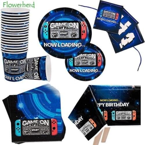 Blue GAME Birthday Party Theme Disposable Tableware Set Thicken Paper Cups Plates Towels Baby Shower Party Supplies Decoration