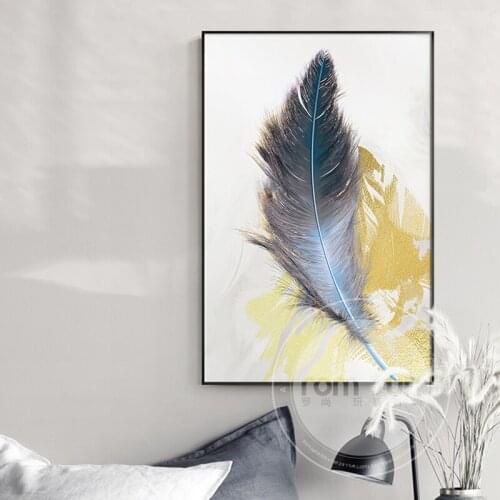 Modern Blue Pink Feather Canvas Painting Decor Gold Wall Art for Living Room Bedroom Artistic Home Abstract Print Nordic Poster