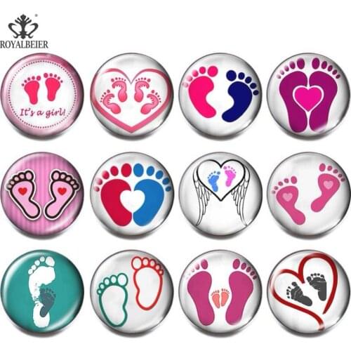 Royalbeier 12pcs/lot Mix Footprint Pattern Glass Charms Buttons Fit 18mm Snap Button Snap Bracelet Creativity Beads Jewelry