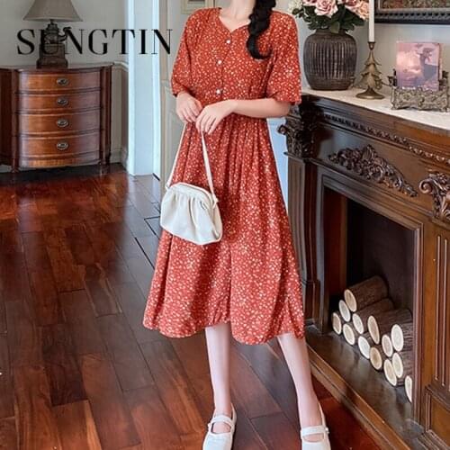 Sungtin Summer Casual Sashes Print Dress Women Pullover V Neck Empire Dress Female A Line Regular Korean Chic Vestido Feminino
