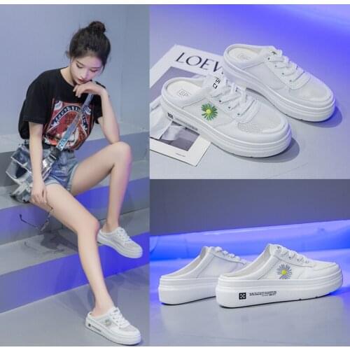 Thick-soled Topless Half Slippers for Womens Outer Wear 2021 New Summer Heighten Versatile Mesh Fabric Breathable Cool Slippers