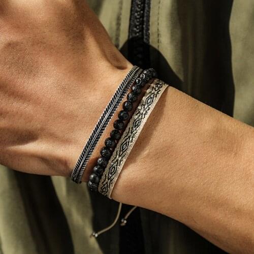 Tibetan Lucky Rope Bracelet & Bangle Set Silver Color Feather Bracelets Natural Black Lava Stone Beads For Mens Jewelry Gifts