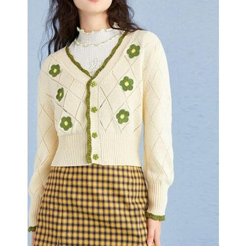 Fall Sweet Flower Crop Cardigan Women Elegant V-neck Contrast Color Sweater Femme Long Sleeve Office Lady Vintage Ropa Mujer
