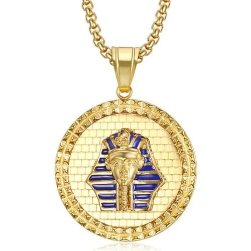 Hip Hop Egyptian Pharaoh Pendant Necklace Gold Color Stainless Steel Round Necklace for Men Egypt Jewelry Gift Dropshipping