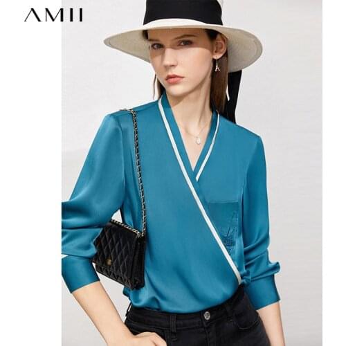 Amii Minimalism Blouse For Women Autumn Vneck Full Sleeve Shirts Office Lady Thin Loose Tops Womens Vintage Blouses 12170156