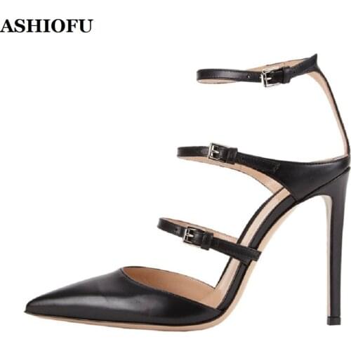 ASHIOFU Hot Sale Handmade Womens High Heel Sandals Three Buckle Straps Party Prom Shoes Daily Wear Large Size Fashion Sandals