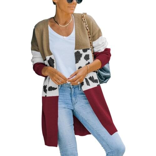 Women Loose Style Knitted Cardigan, Variegated Color Long Sleeve Coat, Khaki/ Grey/ Orange