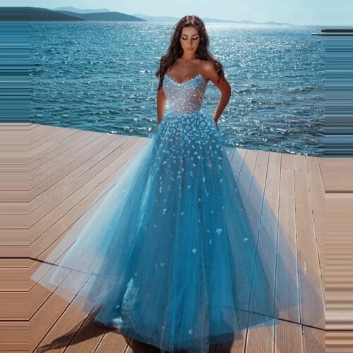Elegant Crytal Evening Dresses 2020 Sky Blue Party Gowns Abendkleider Sexy Sleeveless Prom Formal Dresses Robe De Soiree