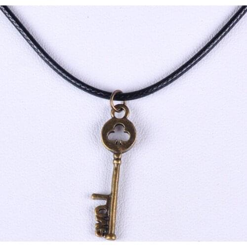 31*8MM Vintage bronze antique love poker club key pendant necklace women wax cord rope necklace jewelry fashion alloy jewellery