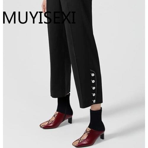 New fashion gorgeous square toe side zip 5.5cm high heels mixed colors charming vintage elastic band ankle boots HL317 MUYISEXI