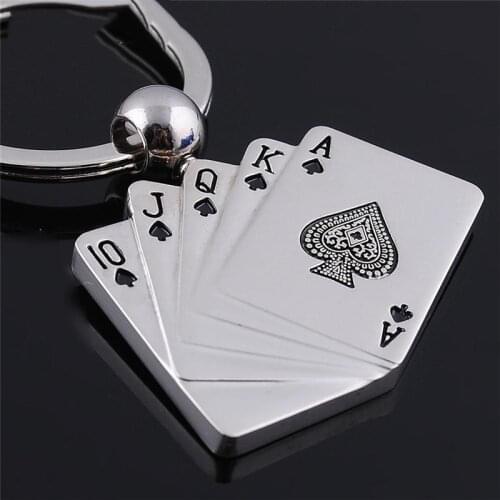 Keychains For Men Car Bag KeyRing Stainless Steel Jewelry Straight flush Texas Hold'em Poker Playing Cards Gift Fashion
