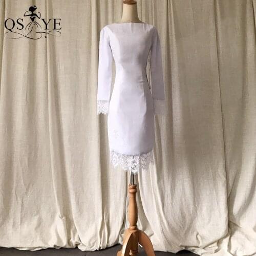 Cheap Short Mother of the Bride Dress White Chiffon Evening Gown Long Sleeves Sheath Mom Prom Dress