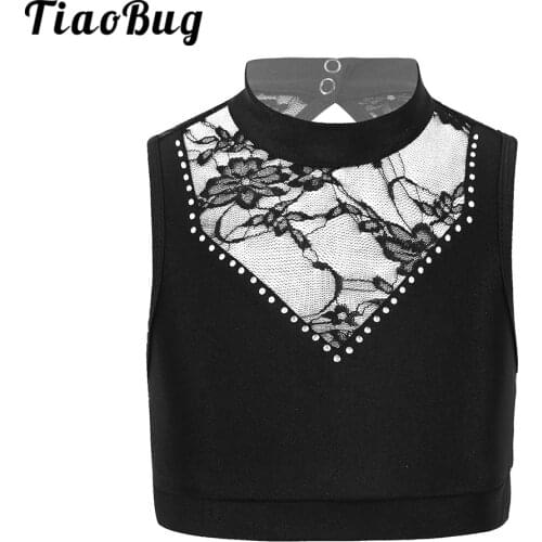 TiaoBug Kids Girls Tank for Dance Ballet Crop Top Sleeveless Round Neck Backless Lace Tanks Bra Tops for Ballet Dance Sports Bra