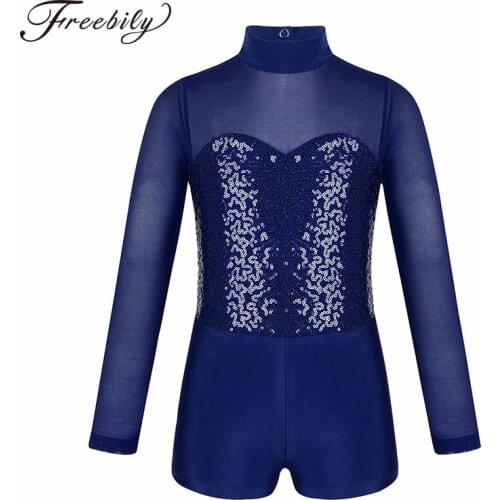 Kids Long Sleeves Sequined Ballet Gymnastics Leotard Unitard Biketard Dancewear Girls Figure Skating Competition Dance Costume