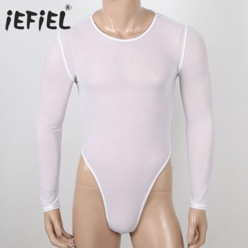 IEFiEL Mens Gay Exotic Costumes Teddies See Through Mesh Bodysuit Sleepwear Long Sleeve High Cut Zipper Slim Fit Bodystocking
