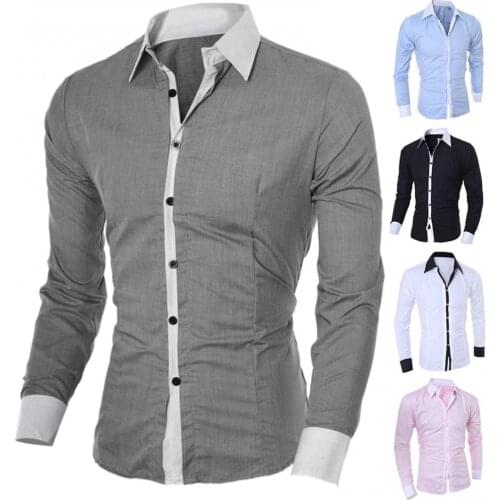 Hot Sales Business Men Turn Down Collar Long Sleeve Color Block Cotton Prom Slim Shirt