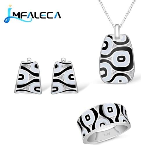LMFALECA Women Silver 925 Jewelry Sets Classic Black White Enamel Mysterious Pattern Clip Earrings Ring Necklace Fine Jewelry