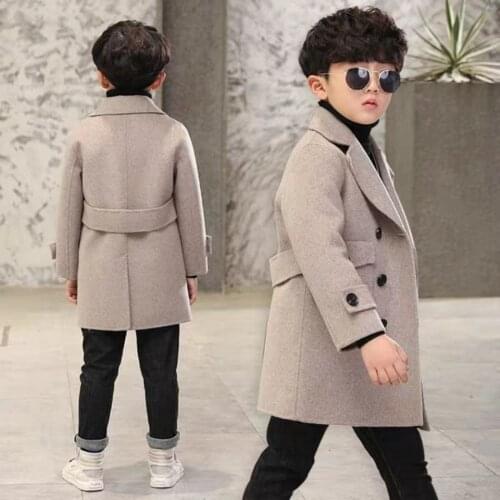 Autumn Wool Coat for Boy Childrens Jacket Fashion Solid Blazer Collar Kids Outerwear Outfits Handsome Trench Plus Warm 2021 New
