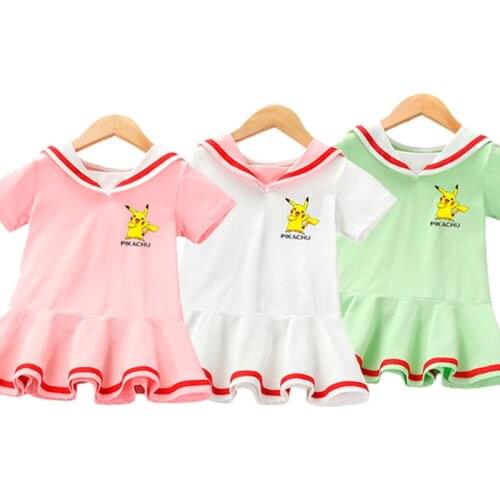 Pokemon Pikachu Girls' Dress Baby Western Short Sleeve College Skirt Middle Child Princess Dress Baby Girl Clothes Skirt