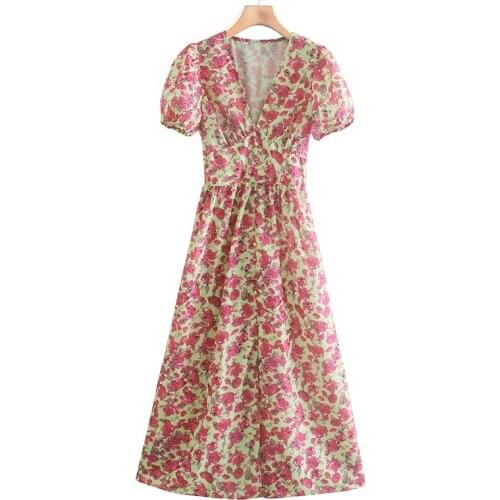 YENKYE Summer Women Vintage Flower Print Dress Female V Neck Puff Sleeve A-line Casual Long Dress Ladies Holiday Vestido