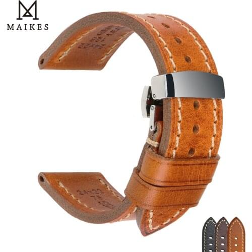 MAIKES Calfskin Leather Watchbands Soft Handmade Watch Band Wrist Strap Stainless Steel Butterfly Buckle Replacement 18-26mm