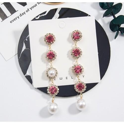 Korea trendy shiny colorful rhinestone long dangle pearl drop earrings for women girl vacation gift