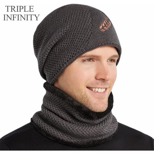 TRIPLE INFINITY New Winter Men Hat Thick Warm Face Cover Bonnet Soft Comfortable Knit Black Hats Scarf Beanies Two-piece Suit