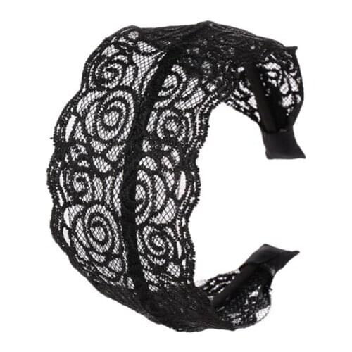 Wide Cloth Black Lace Flower Rose Hollow Fabric Art Handmade Knitted Hairband Headwear for Women