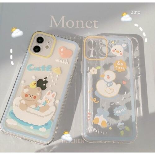 Summer swim duck and bear cute cartoon silicone cover for iphone 11 12 mini pro max xsmax xr x 8 7 plus lovely phone case capa
