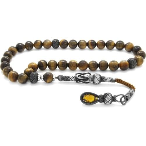 Tesbihane 1000 Sterling Silver Kazaz Tassels Sphere Cut Tiger 'S Eye Natural Stone Rosary (M-1)
