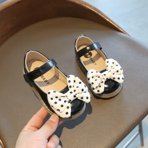 Girls Leather Shoes Princess Sweet Toddlers Little Kids Flats Mary Janes Black Beige With Bow-knot Dots High Quality Dress Shoes