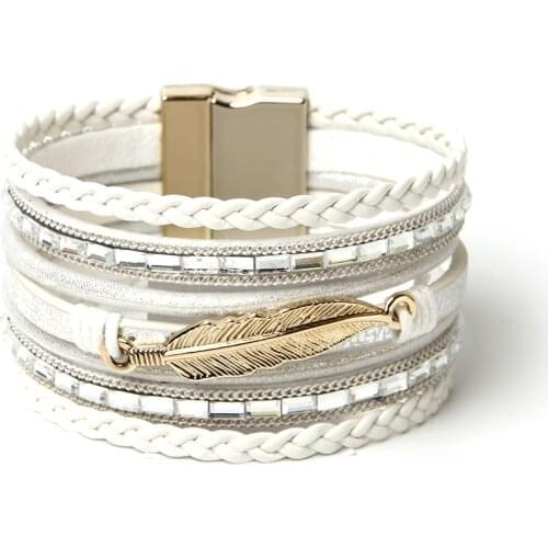 Kirykle Vintage Leaf Feather Multilayer Leather Bracelet Men Fashion Braided Handmade Rope Wrap Bracelets Female Jewelry