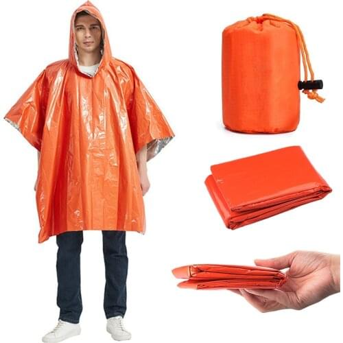 High Quality 101*124CM Emergency Raincoat Orange Cold Insulation Disposable Poncho Rainwear Blankets Camping Survival Equipment