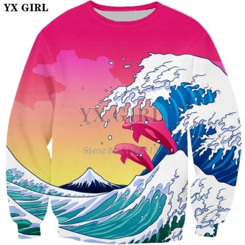 YX GIRL Drop shipping 2018 New Fashion Sweatshirt Waves and dolphins 3d Print Men Women Long Sleeve Outerwear Casual Hoodie