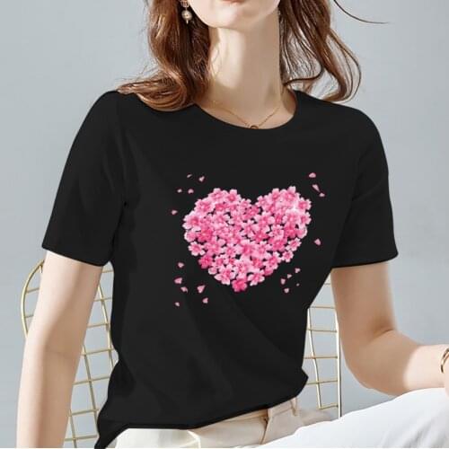Summer Women Tshirts Love Heart Printing Tops High Quality Black All-match Commuter O-neck Female Short Sleeve Womens Clothes