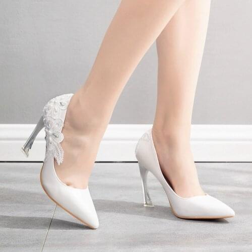 Womens 9CM High Heels Pointed Stiletto Rhinestone White Lace Dress Banquet Pumps Bridesmaid Wedding Shoes